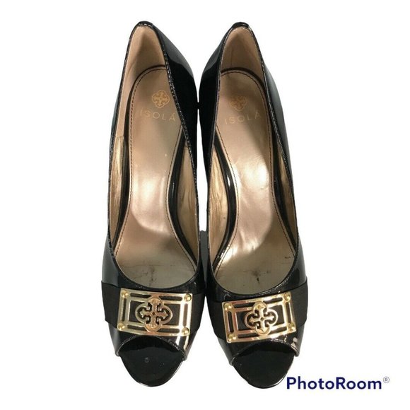 ISOLA Women's Peep Toe Black Patent Leather 3.5" Heels Size 10 Black Gold Trim - Picture 2 of 12